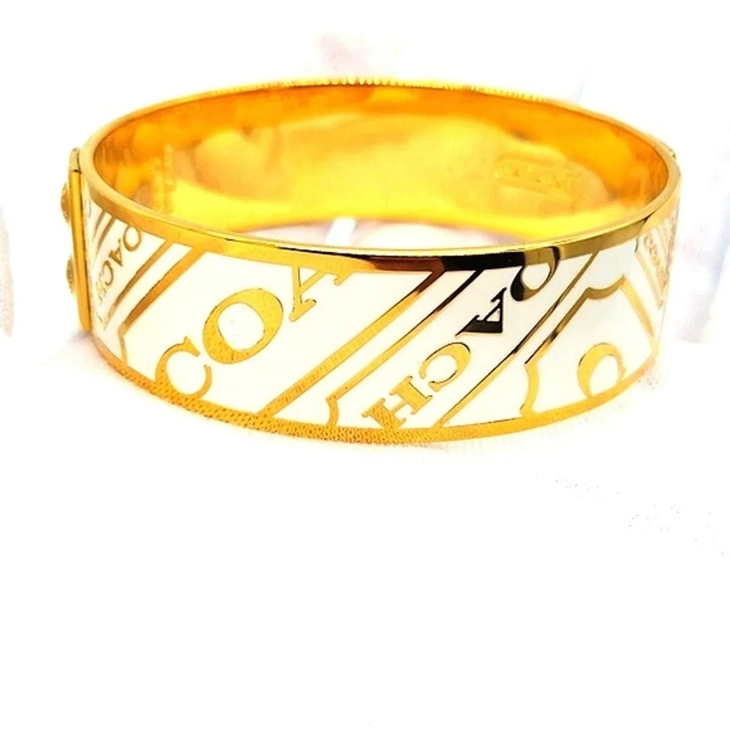 3/4" COACH Vintage Gold Plated White  Enamel Logo Bangle Bracelet-Authentic/Rare