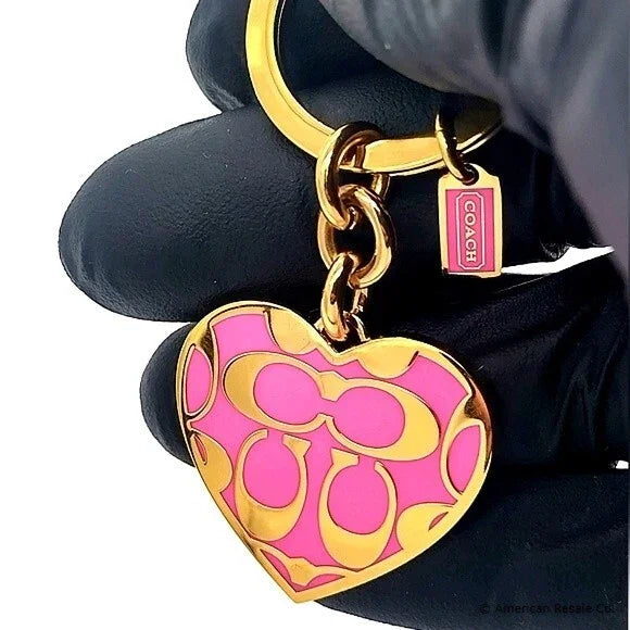 COACH Vintage Gold Fuschia Pink Gold Heart Keychain Fob Purse Charm 