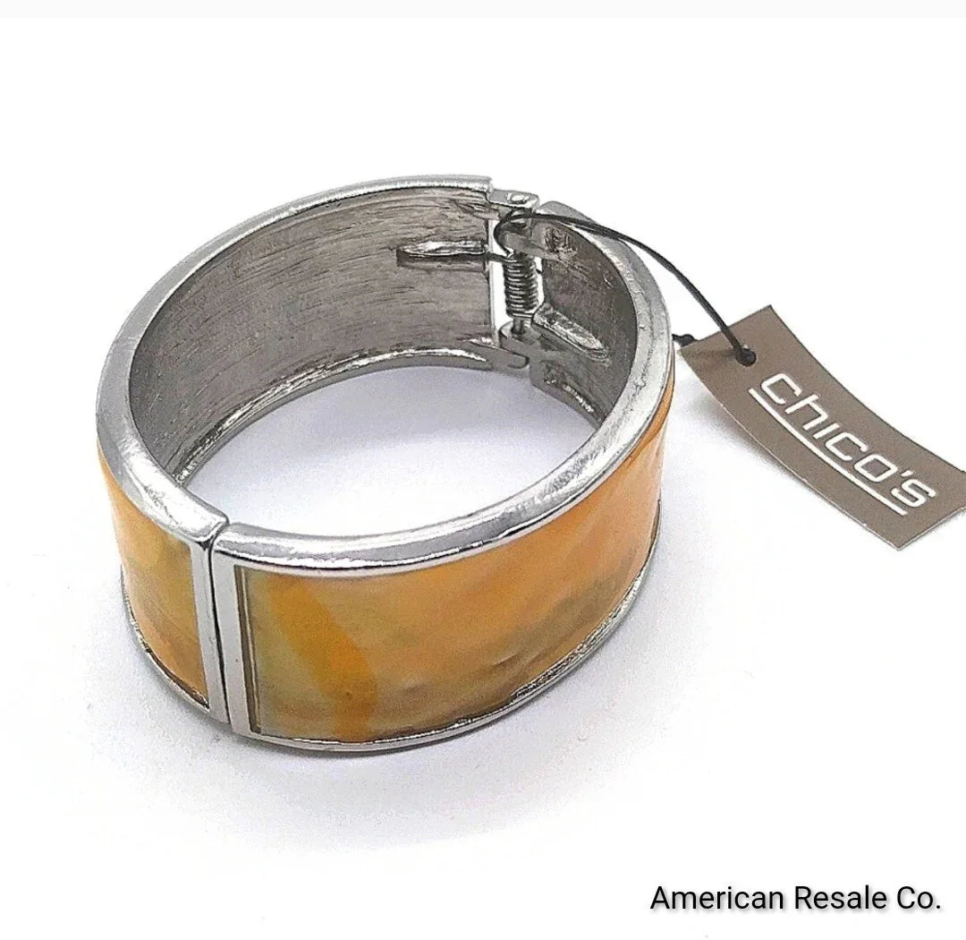 Chicos 1" Shell Shine Orange Hinged Bangle Bracelet in Silvertone NWT $25
