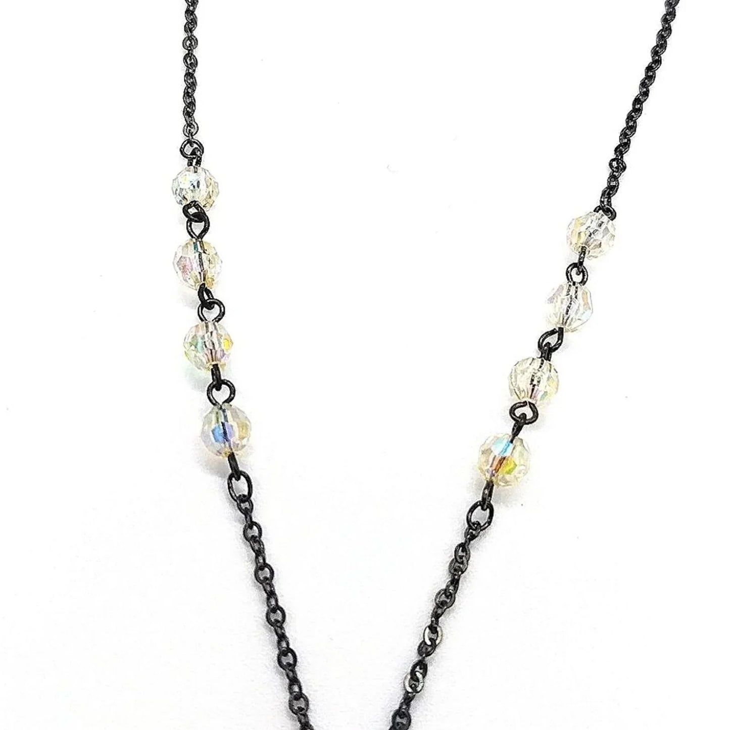 Vintage NAPIER Delicate Y Drop Beaded Heart Necklace-Gloss Black-1980-Rare-Black