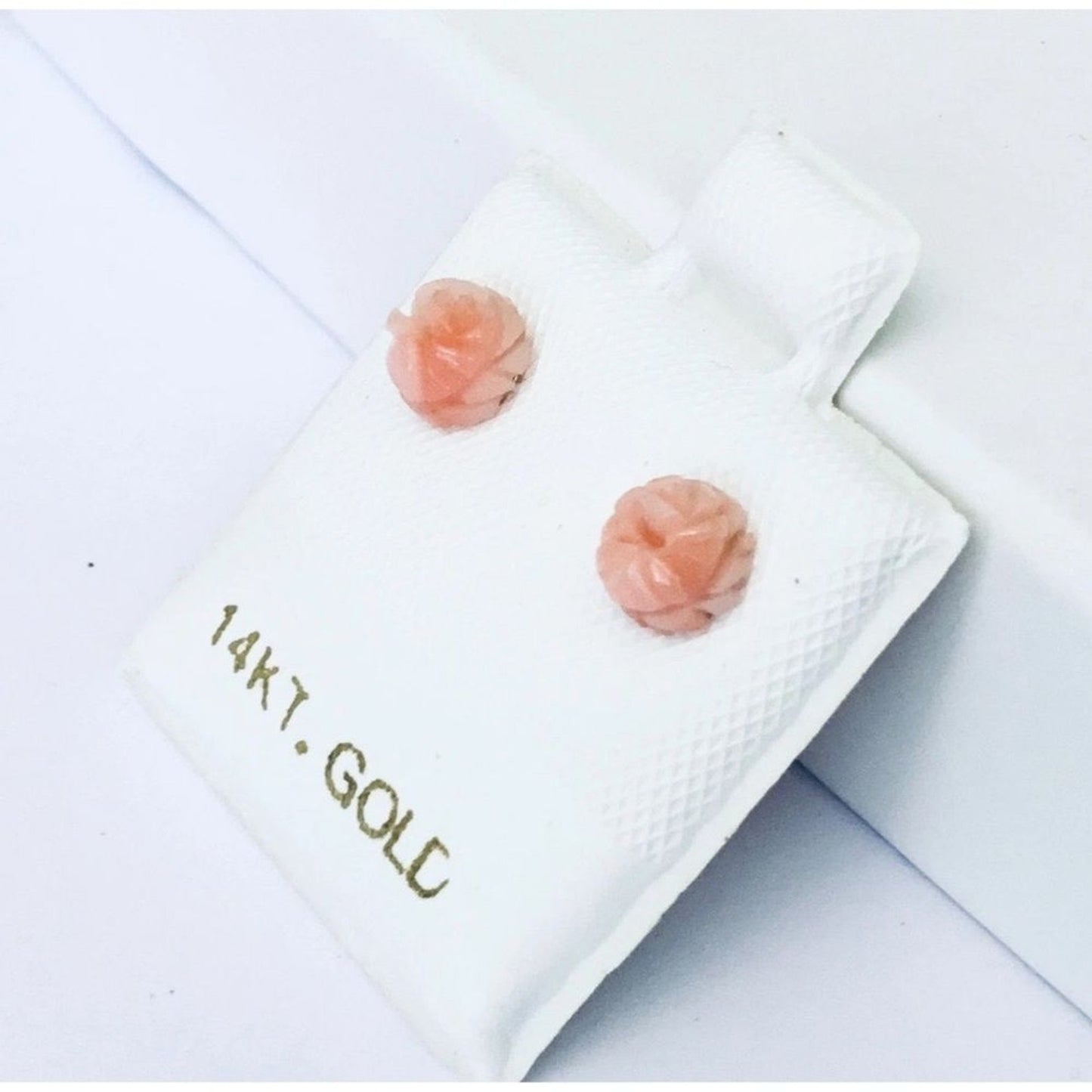 Tiny 14K Gold Natural Angel Skin REAL Coral Hand Carved Rose Flower Earrings NEW
