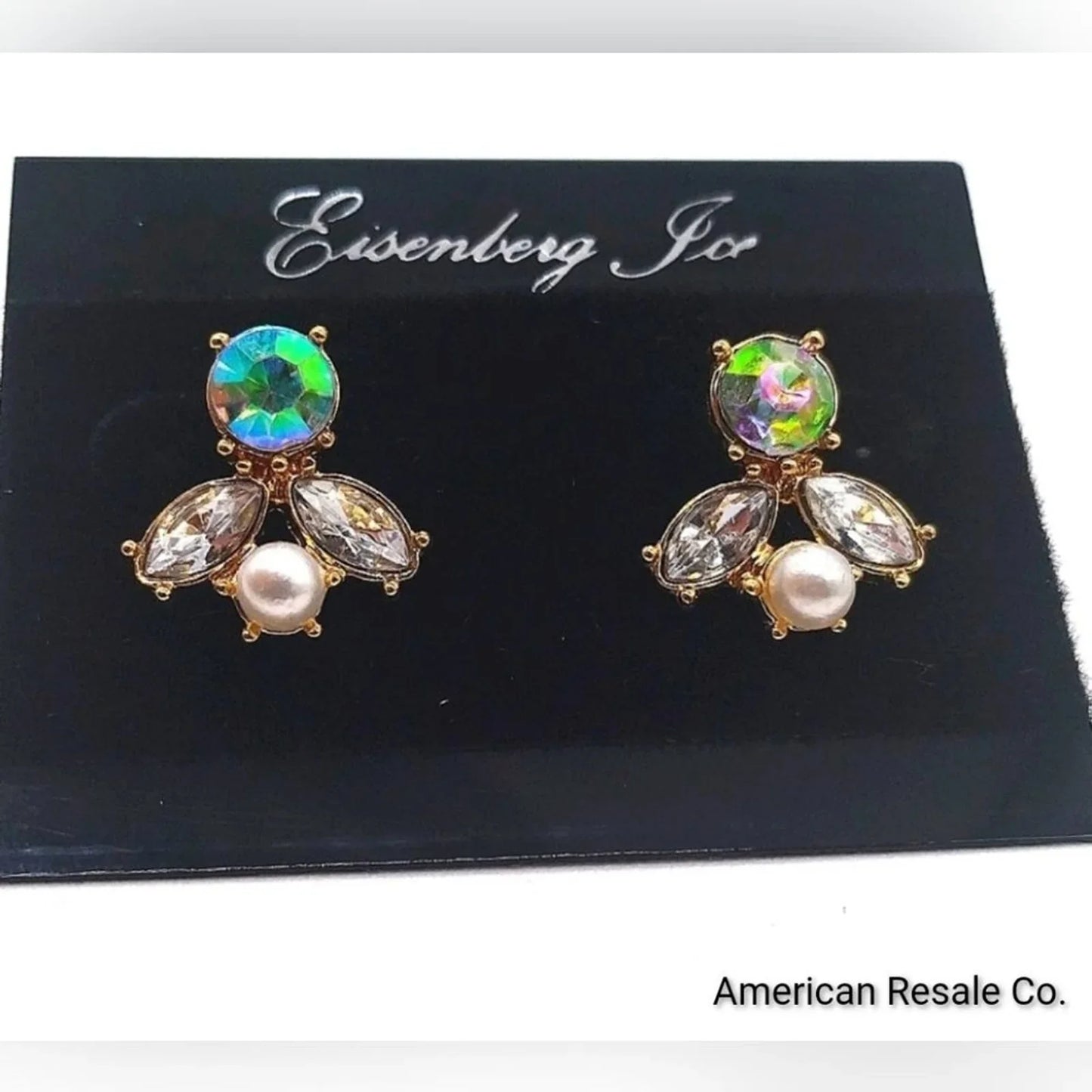Vintage Eisenberg Ice Aurora Borealis Crystal Pearl Dangle Drop Earrings in Gold