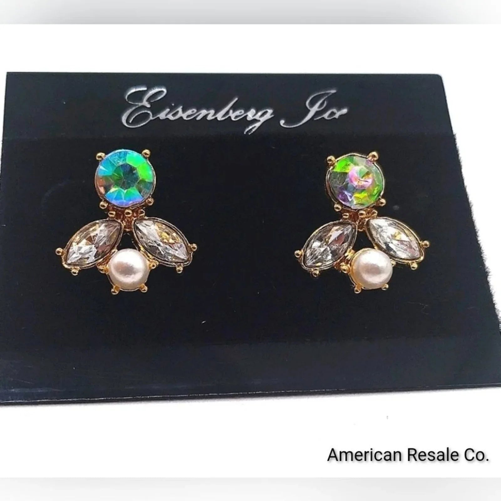 Vintage Eisenberg Ice Aurora Borealis Crystal Pearl Dangle Drop Earrings in Gold