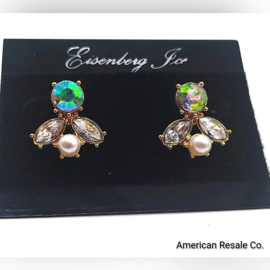 Vintage Eisenberg Ice Aurora Borealis Crystal Pearl Dangle Drop Earrings in Gold