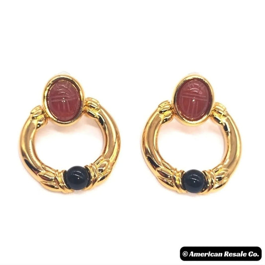 1970’s Roan Vintage Scarab Gold Plated Onyx Hoop Earrings