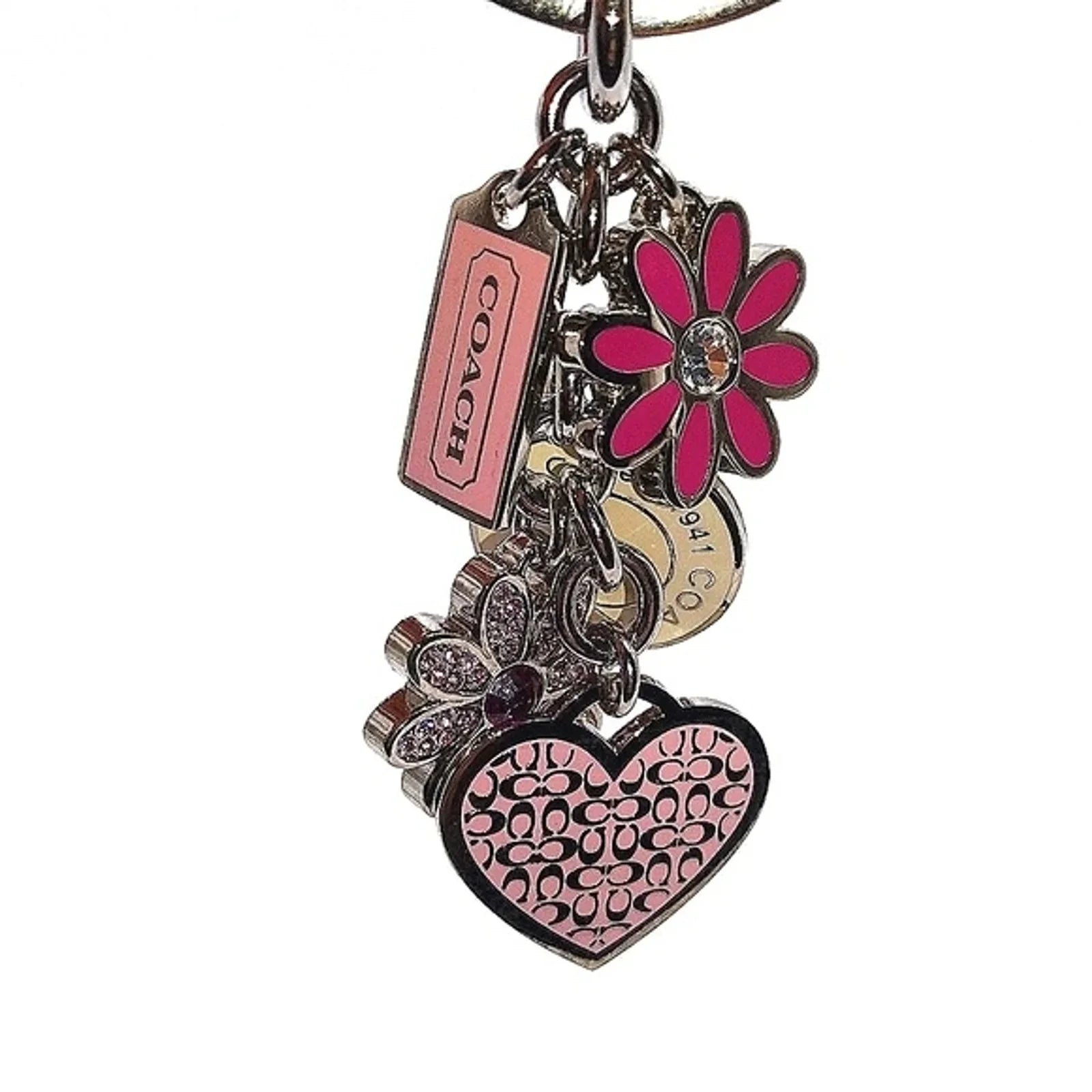 COACH Vintage Pink Heat Daisy Swarovski Crystal Keychain Fob Purse Charm