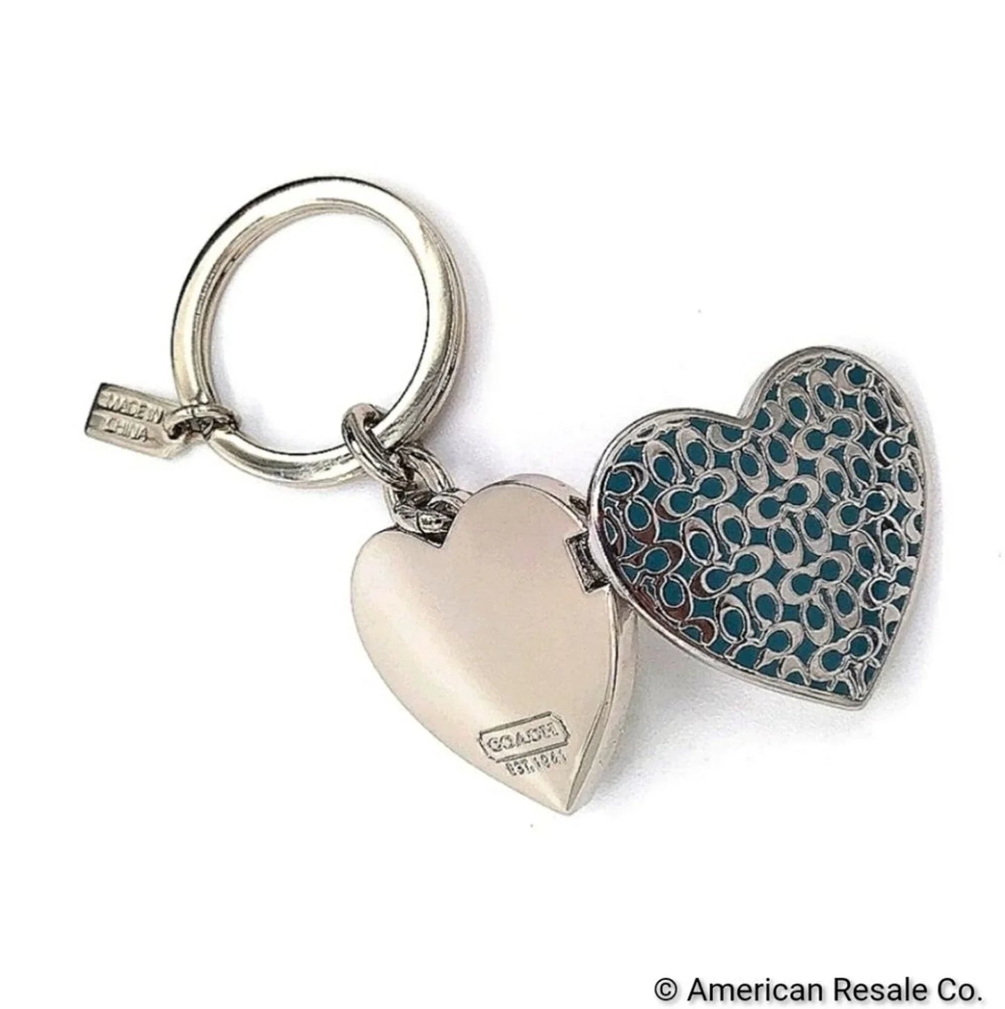 Rare COACH Sky Blue Large Heart Picture Locket Keychain Fob Purse Handbag Charm