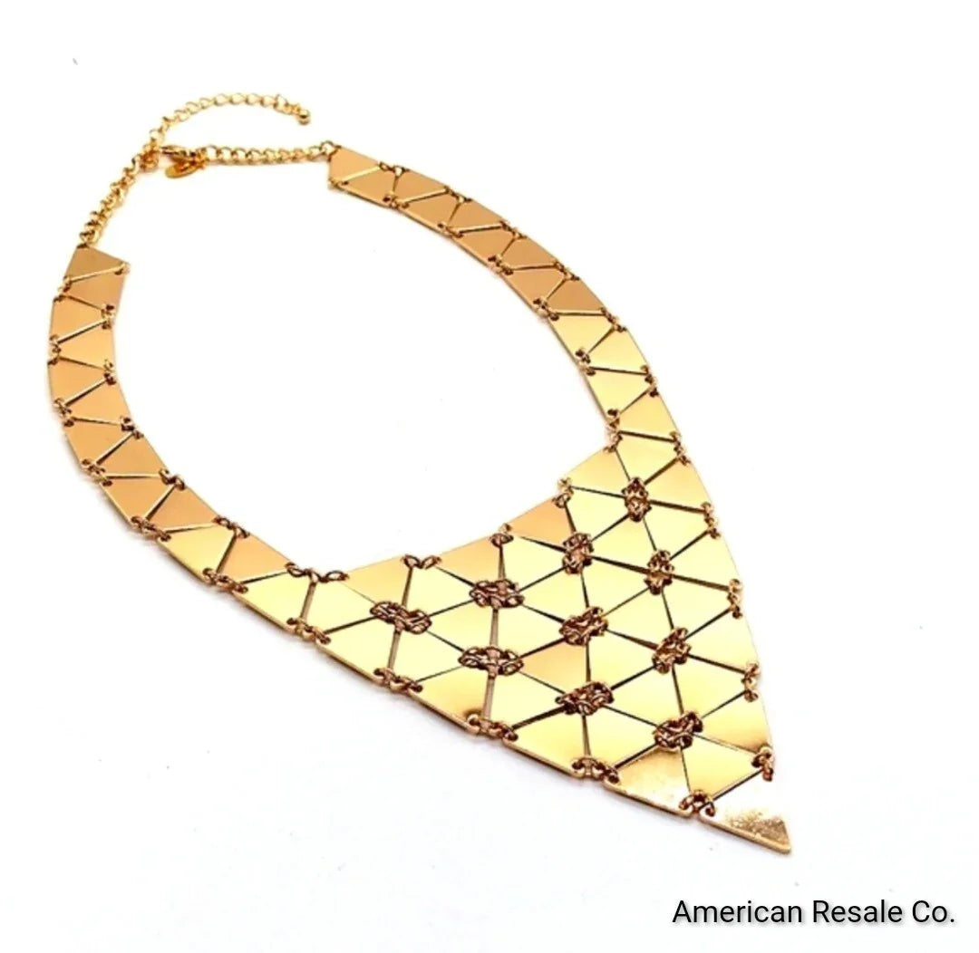 NEW CHICO'S Statement Collar Bib Necklace with extension in Reflective Gold