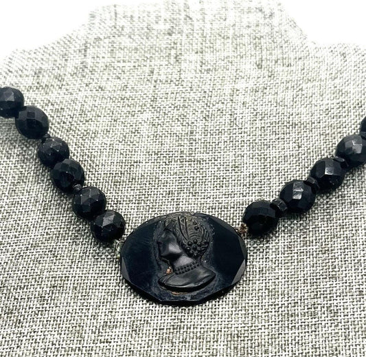 Antique Victorian French Jet Glass Woman Mourning Cameo Choker Necklace