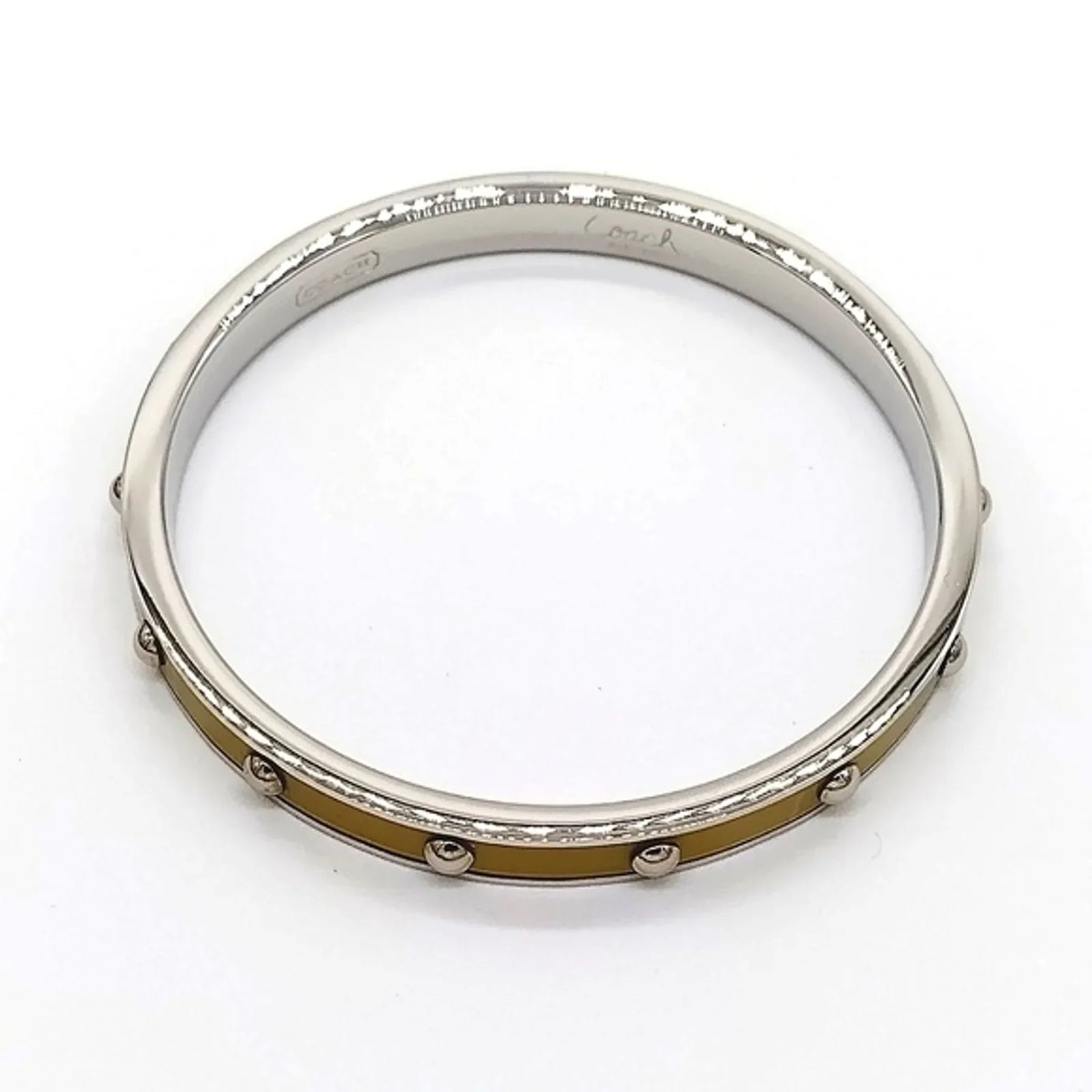 $68 COACH Yellow Enamel Silver 1/4" Nail Head Silver Bangle Bracelet - NWT