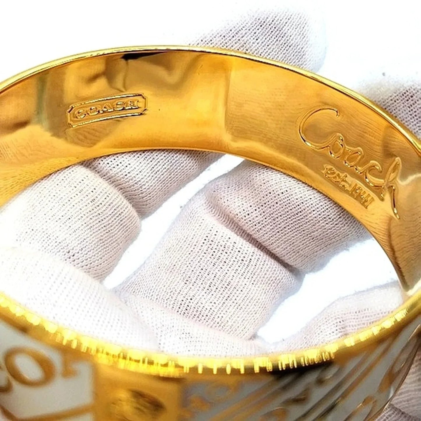 3/4" COACH Vintage Gold Plated White  Enamel Logo Bangle Bracelet-Authentic/Rare