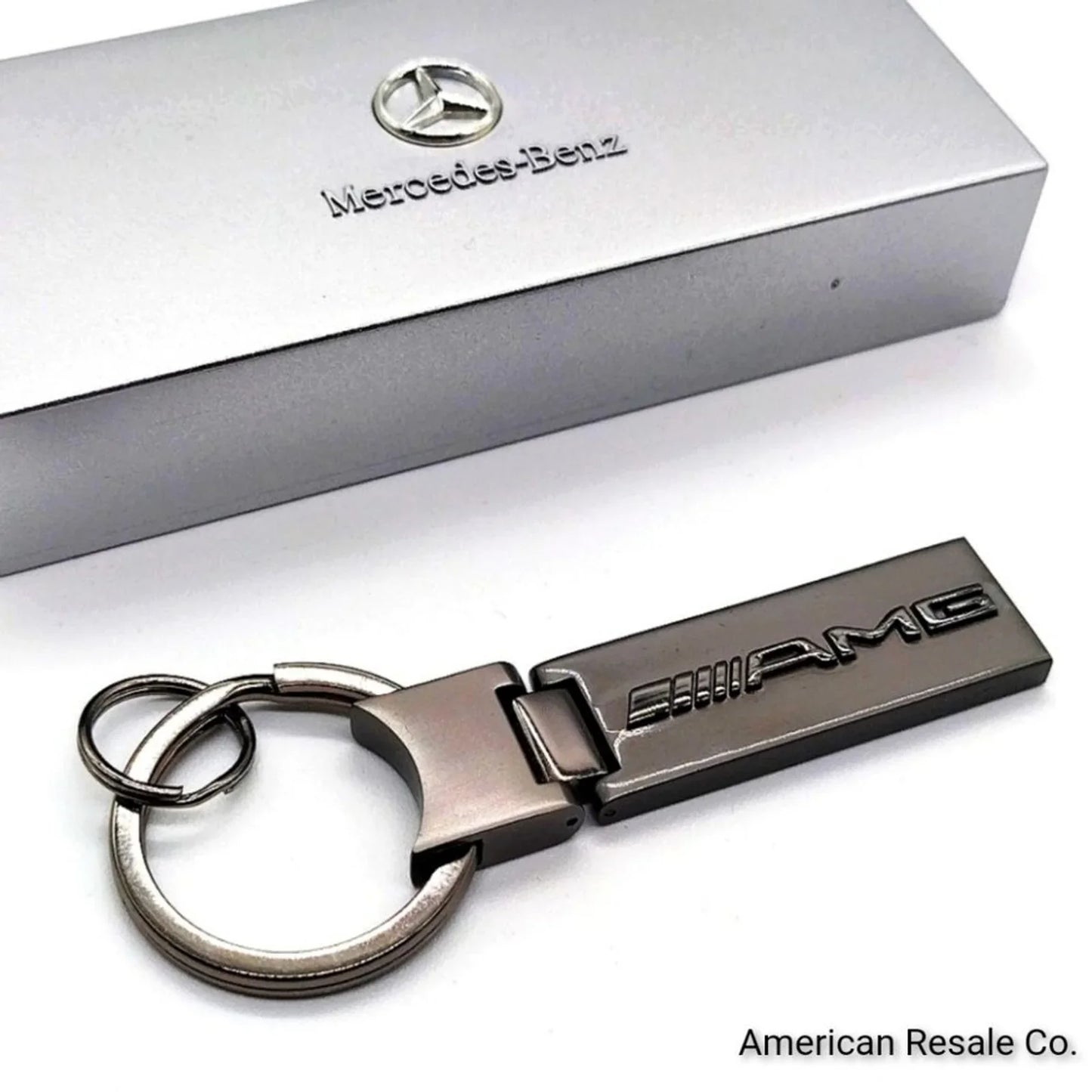 Genuine Mercedes Benz Gloss Gunmetal Silver Elongated Key Fob Keychain OEM-Boxed