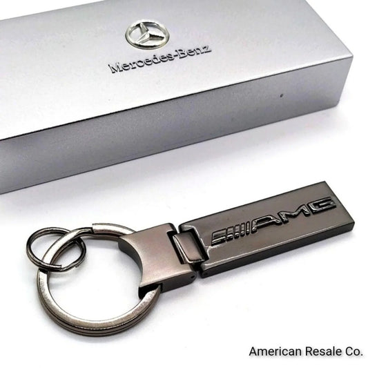 Genuine Mercedes Benz Gloss Gunmetal Silver Elongated Key Fob Keychain OEM-Boxed