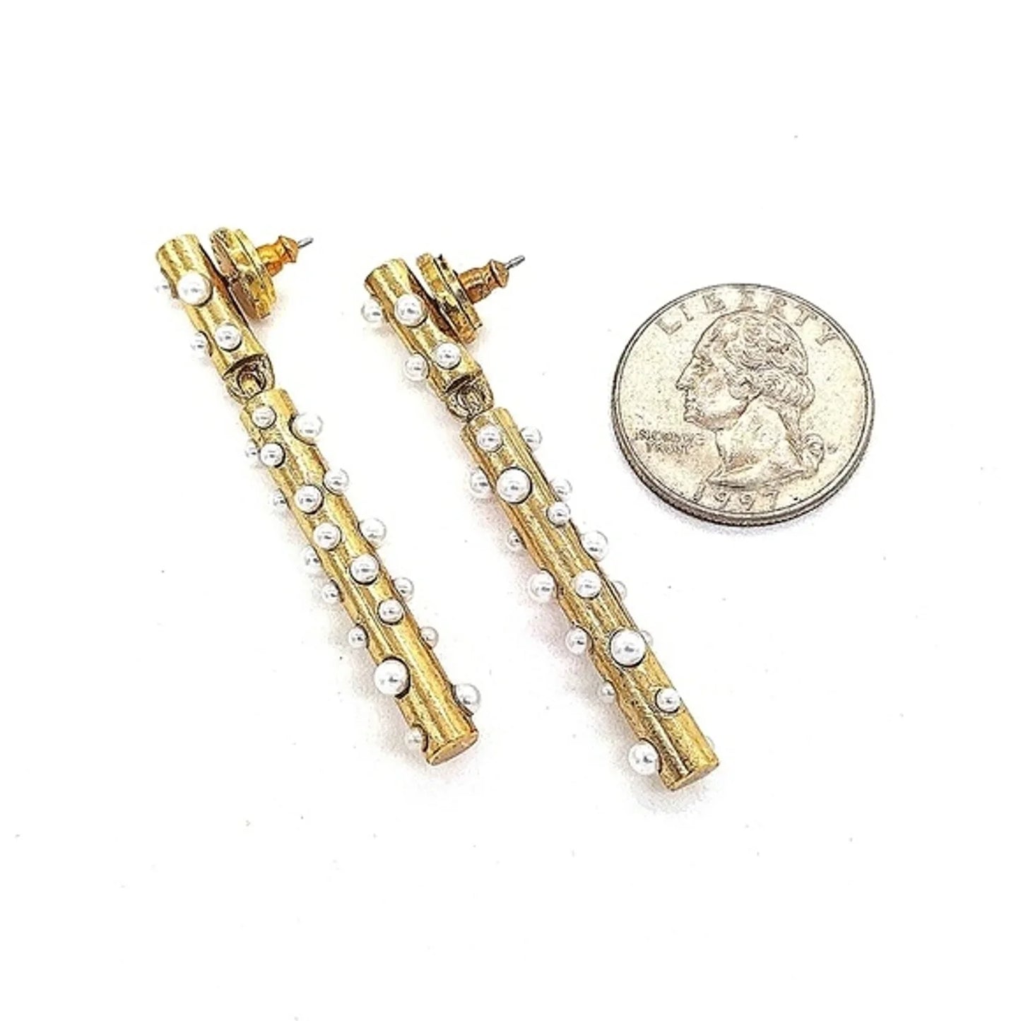 18K Gold plated Oscar De La Renta Glass Pearl Drop Dangle Bar Pillar Earrings