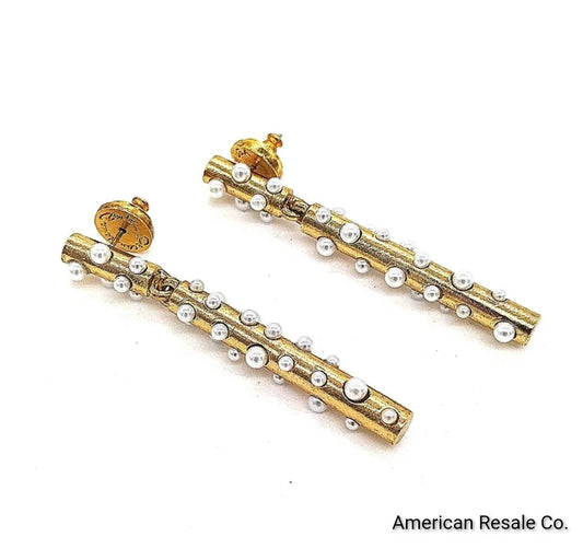 18K Gold plated Oscar De La Renta Glass Pearl Drop Dangle Bar Pillar Earrings