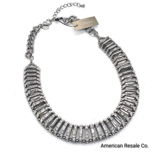 $70 CHICO'S Kimmi Short Bib Pave Crystal Silver Necklace NWT