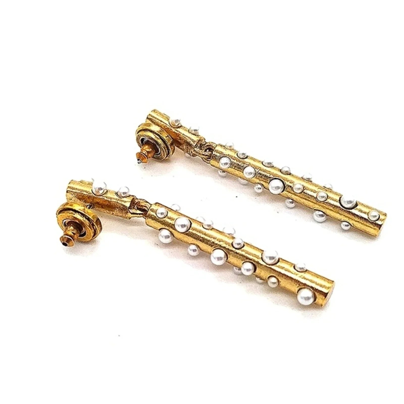 18K Gold plated Oscar De La Renta Glass Pearl Drop Dangle Bar Pillar Earrings