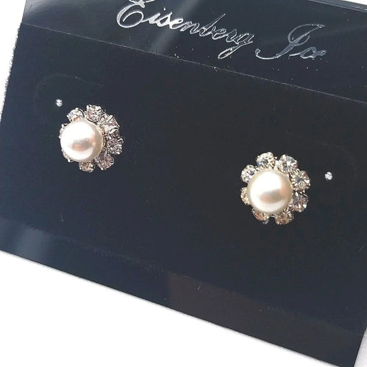 Vintage Eisenberg Ice Pearl Flower Pave Cubic Zirconia Silver Stud Earrings