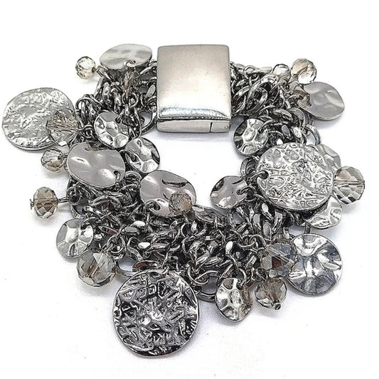 Vintage KJL Silver Hammered Disc Charm Bracelet-Aurora Borealis-Kenneth Jay Lane