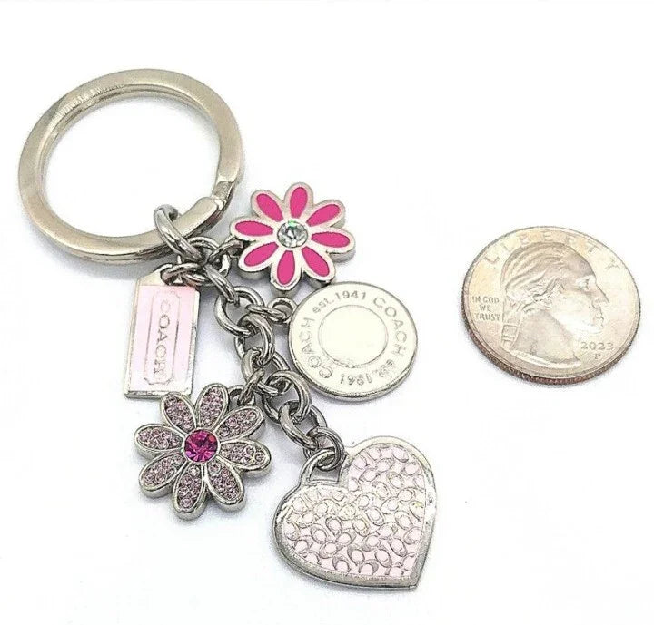 COACH Vintage Pink Heat Daisy Swarovski Crystal Keychain Fob Purse Charm