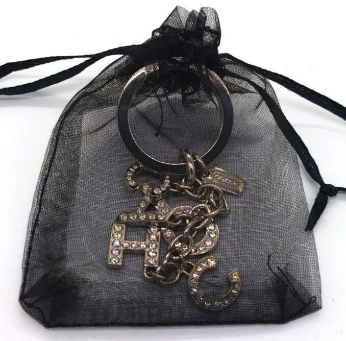Rare COACH Crystal Pave Silver Multi Charm Keychain Key Ring FOB Accessory 