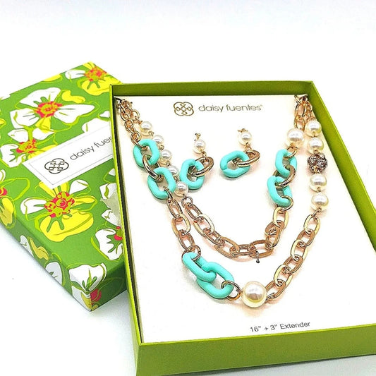 RARE DAISY FUENTES Glass Pearl Gold Blue Paperclip CZ Necklace and Earrings Set