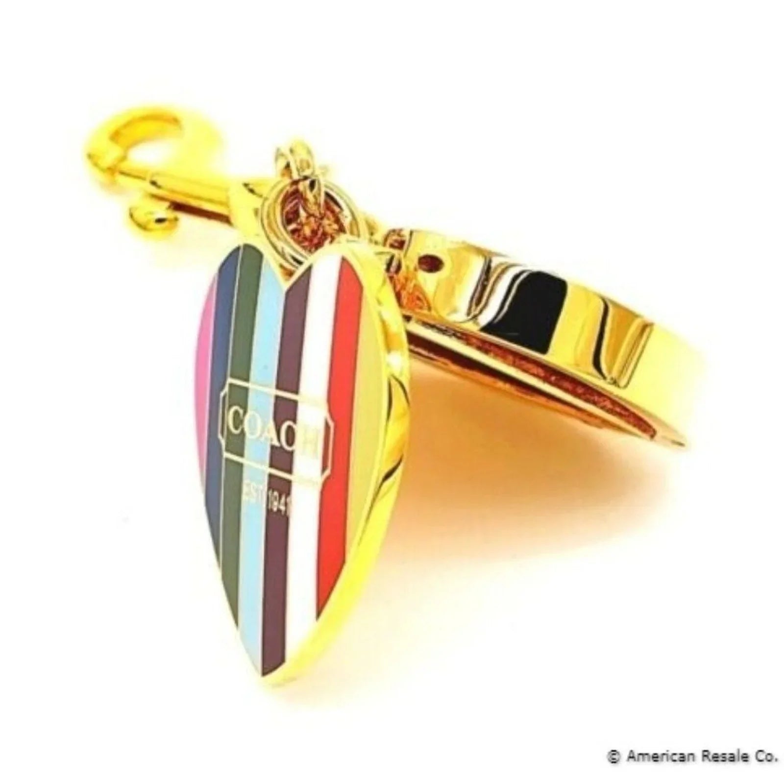 COACH Vintage Legacy Stripe Magnetic Heart Gold Locket Fob Keychain Poppy