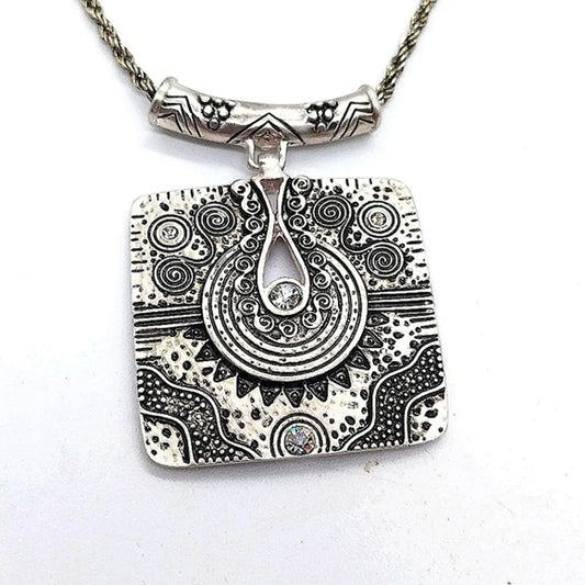CHICO'S 18" Antique Silver Boho Statement Pendant Necklace with CZ on rope chain