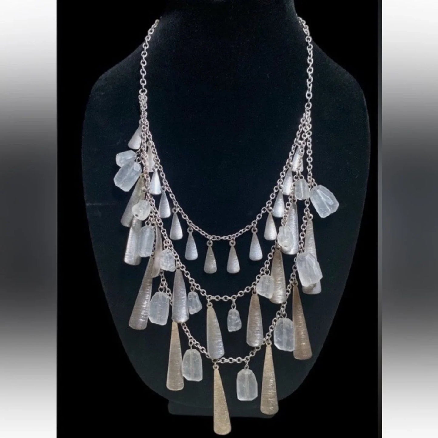 Rare Premier Designs Genuine Sea Glass Silver Statement Necklace-NEW-Vintage