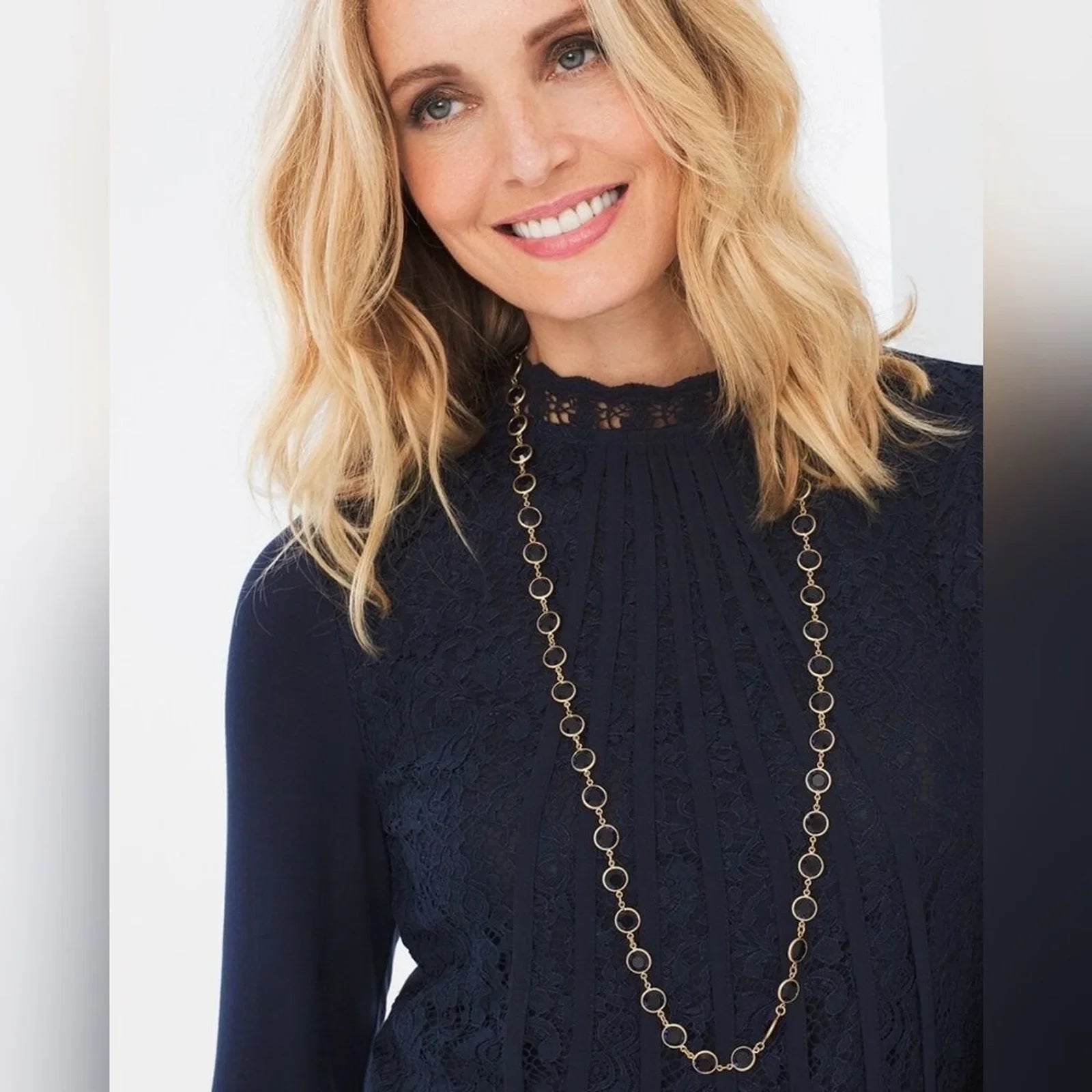 $50 CHICO'S Single Strand Blue Simulated Sapphire Necklace-Matte Gold