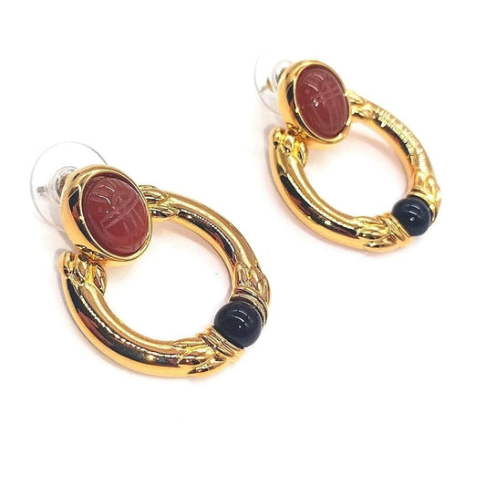 1970’s Roan Vintage Scarab Gold Plated Onyx Hoop Earrings