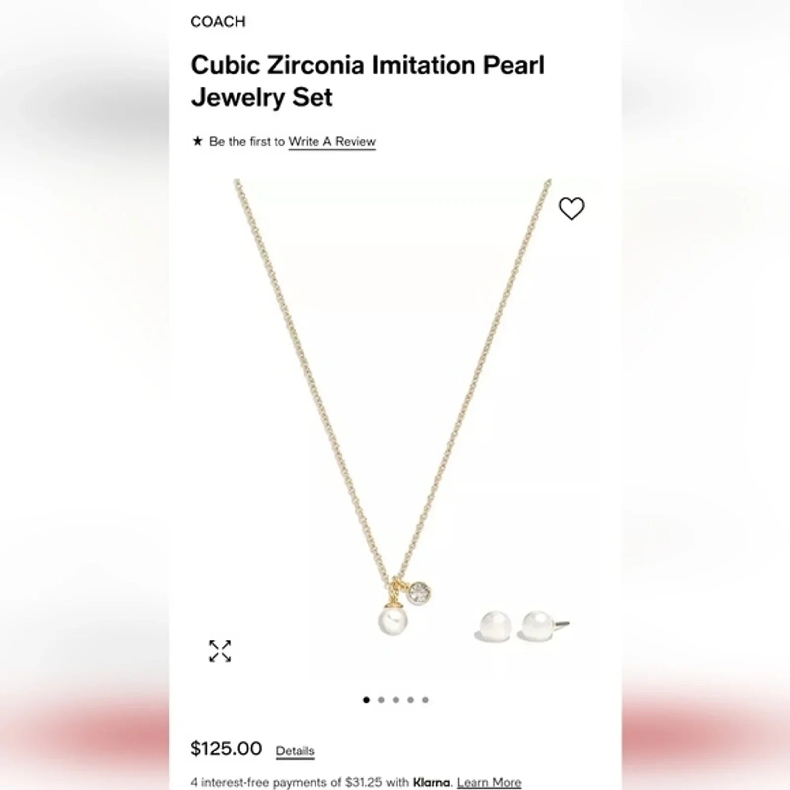 COACH Glass Pearl and Pave CZ Necklace Earrings set in Gold NWT $125