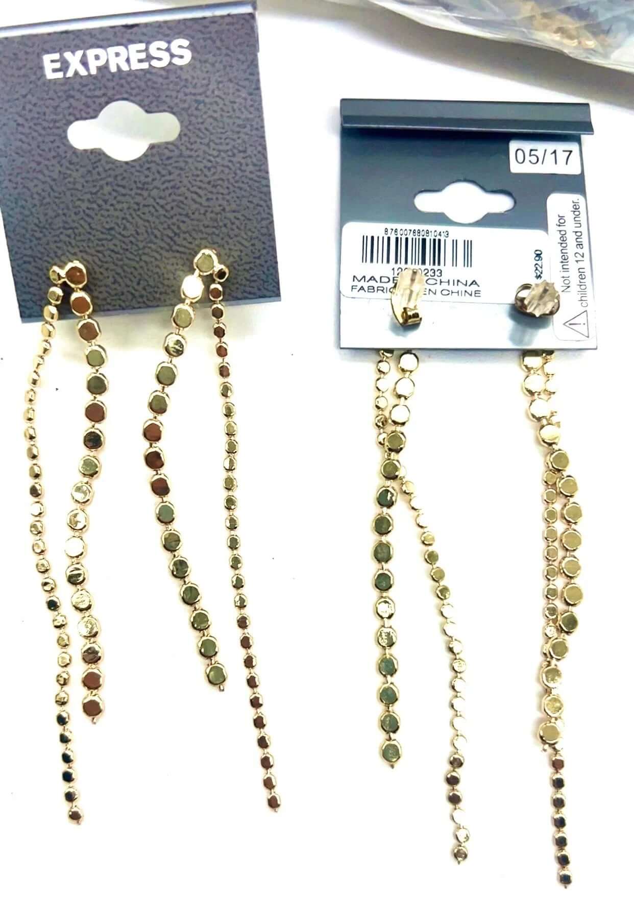 5 pairs of Express NWT Yellow Gold Plated Tassel Strand Dangle Earrings displayed on cards.